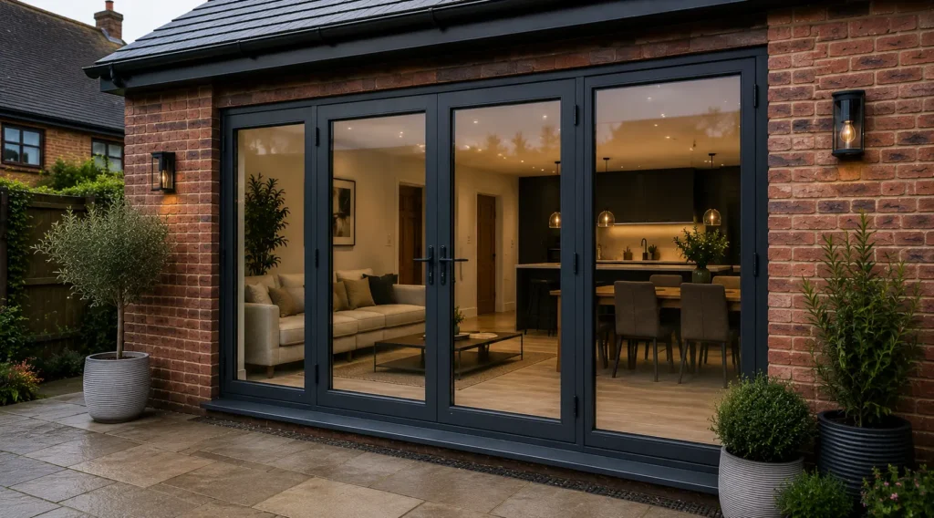 Aluminium glass door installation on a modern Lancashire property with slim black frames and large glazed panels