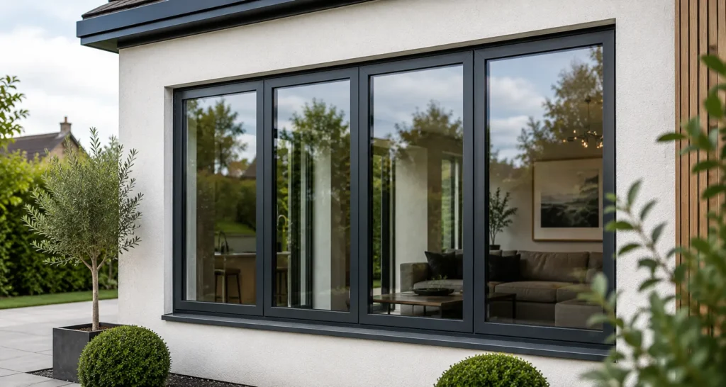 Modern aluminium windows installed on a contemporary home with slim dark frames and large glass panels