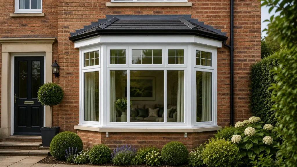 White bay window installation on a brick Lancashire property with traditional front-facing design