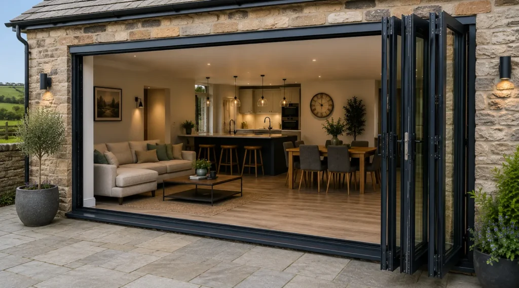 Black bifold doors fitted on a Lancashire stone house creating seamless indoor and outdoor living space