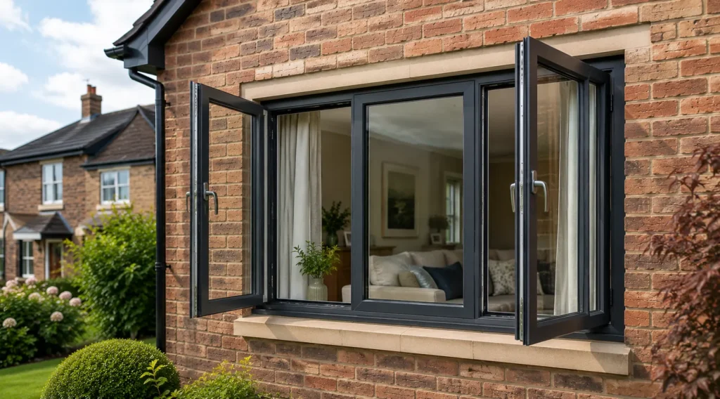 Open casement windows installed on a traditional brick home with modern dark window frames