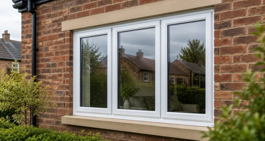 White double glazed windows fitted on a brick Lancashire house to improve insulation and energy efficiency