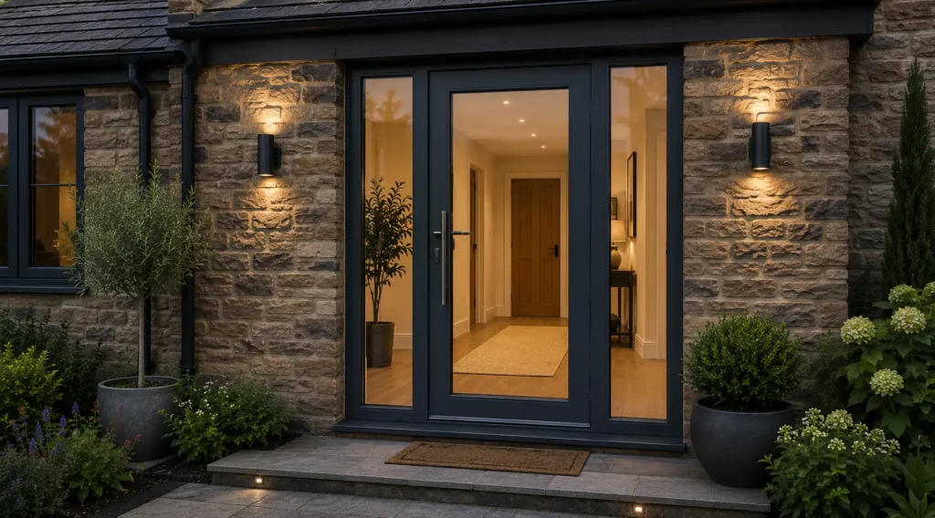 External glass door installation on a Lancashire stone property with modern black framed entrance doors