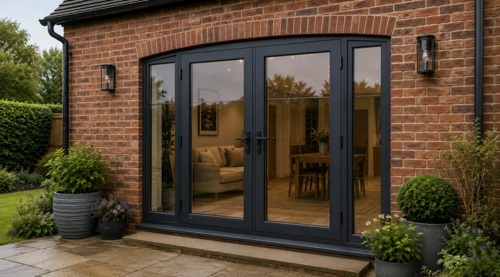 Modern French doors installed on a brick Lancashire home with black framed double glass doors