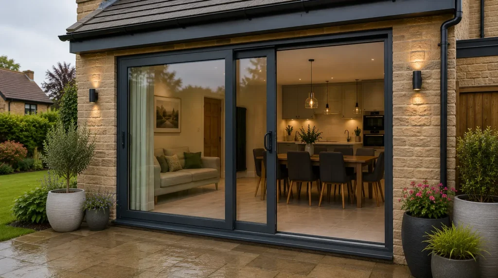 Contemporary patio door installation on a Lancashire home with large sliding glass panels and garden access
