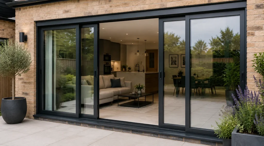 Modern sliding glass doors installed on a Lancashire home with large black aluminium frames and open-plan living space