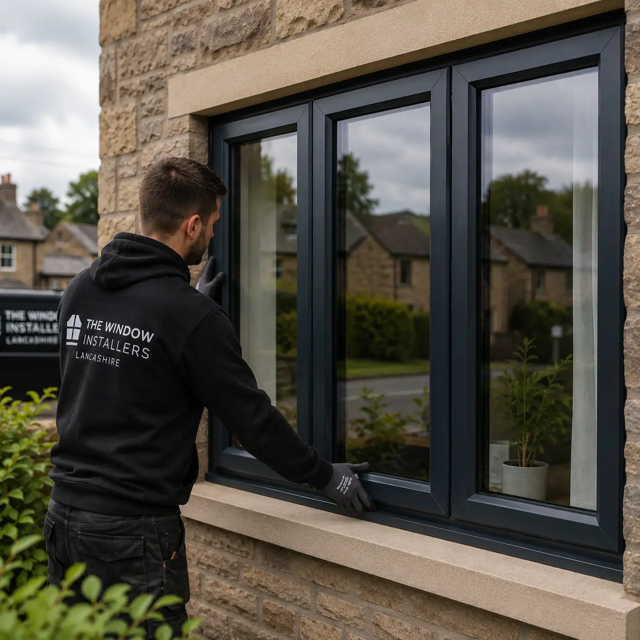 The window installers fitting a new glass window to a Lancashire home